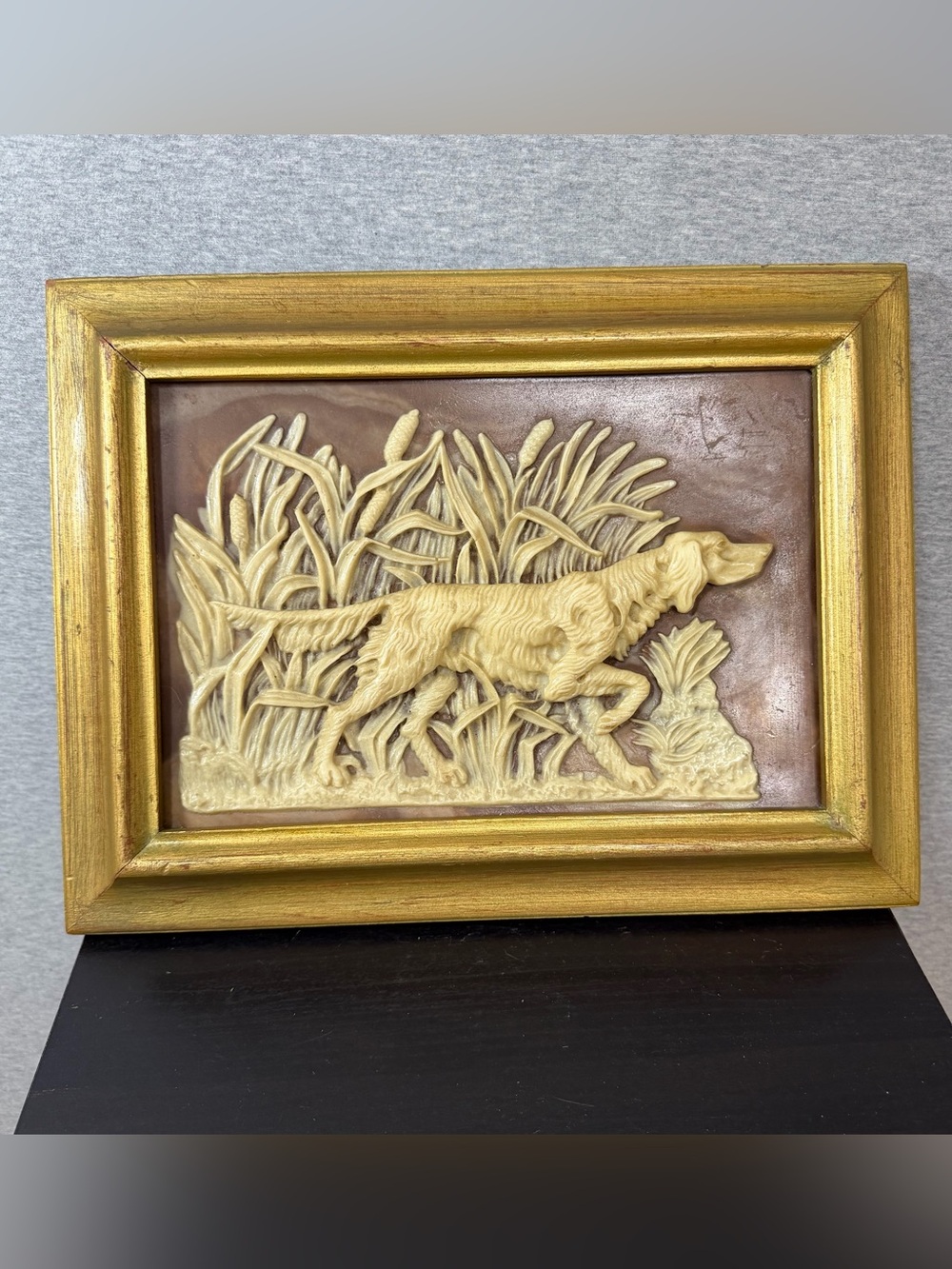 Dante Incolay Stone Hunting Pointer Dog Framed Wall Plaque 1970s Retriever 3D